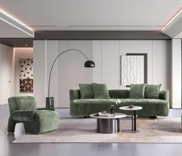 Manhattan Comfort Verandah 2-Piece Living Room Set, 112" Modern Sofa and 1 Accent Chair, Upholstered in Chenille Fabric, Throw Pillows Included, Fully Assembled Couches, Olive Green