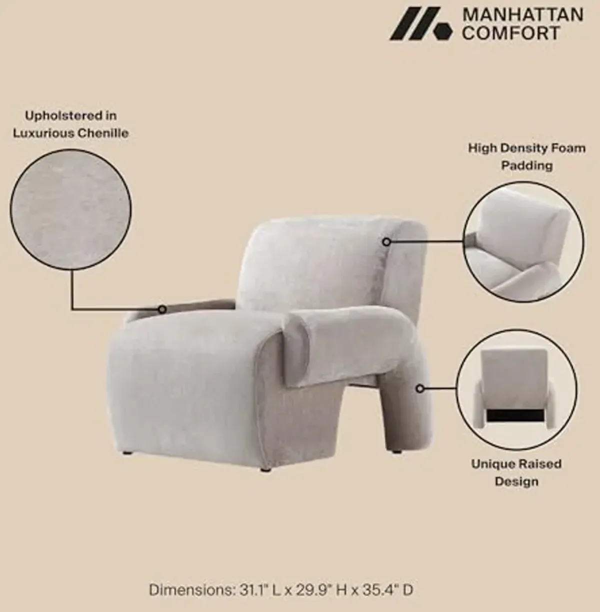 Manhattan Comfort Verandah 2-Piece Living Room Set, 112" Modern Sofa and 1 Accent Chair, Upholstered in Chenille Fabric, Throw Pillows Included, Fully Assembled Couches, Beige