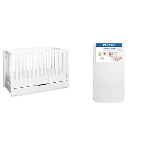 DaVinci Bundle of Carter's Colby 4-in-1 Convertible Crib with Trundle Drawer in White Complete Slumber Crib & Toddler Mattress