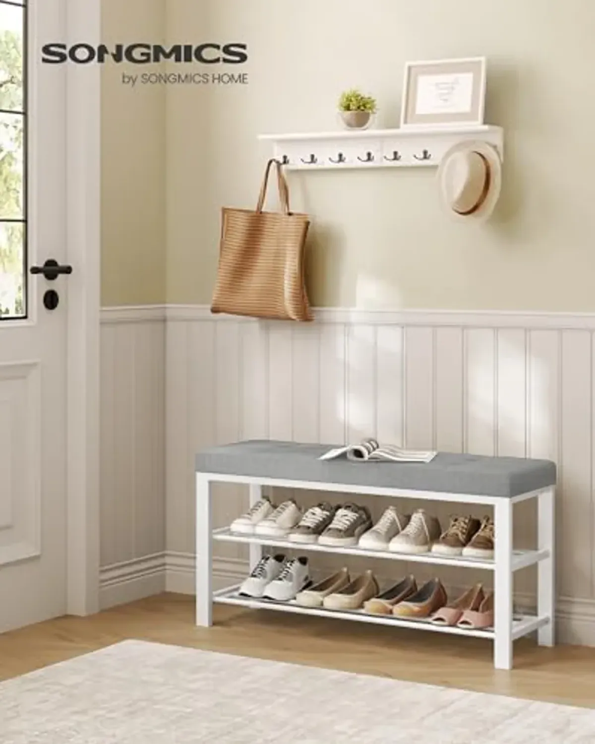 SONGMICS Shoe Bench, Storage Bench, Entryway Bench with Cushion, Shoe Shelf with Seat, Space-Saving, Modern Style, for Living Room, Bedroom, Hallway, Dove Gray and Cloud White ULBS579W01