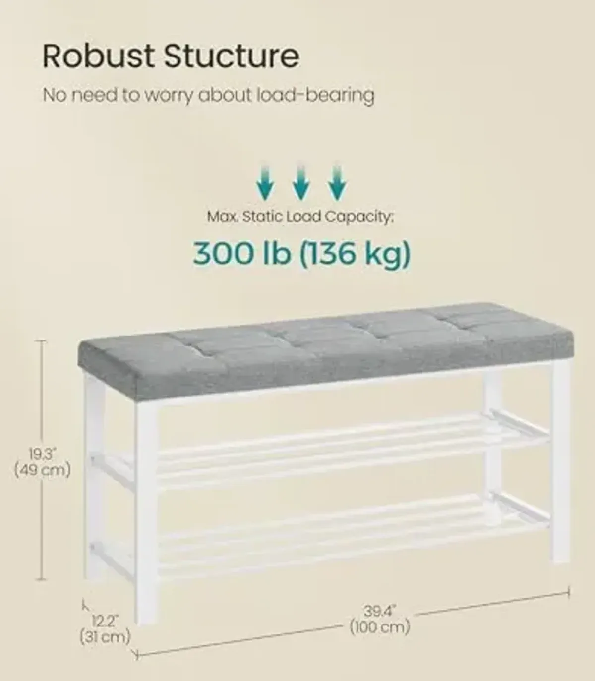 SONGMICS Shoe Bench, Storage Bench, Entryway Bench with Cushion, Shoe Shelf with Seat, Space-Saving, Modern Style, for Living Room, Bedroom, Hallway, Dove Gray and Cloud White ULBS579W01
