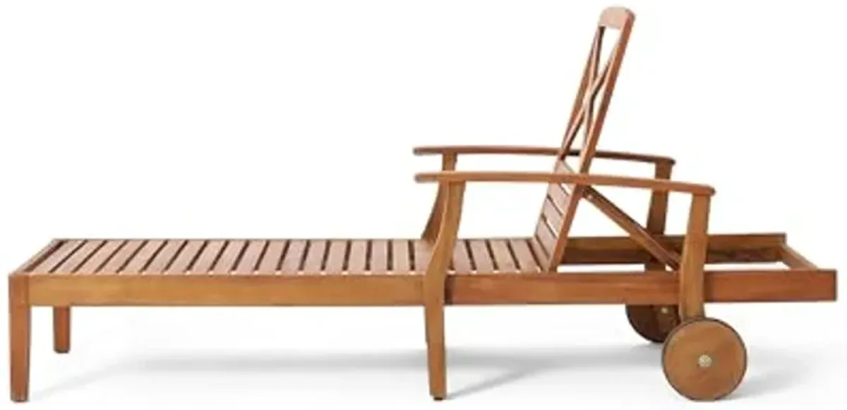 Christopher Knight Home Perla Outdoor Acacia Wood Chaise Lounge with Wheels (Set of 4), 79 "W x 30 "D x 22 "H, Teak