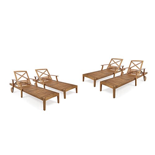 Christopher Knight Home Perla Outdoor Acacia Wood Chaise Lounge with Wheels (Set of 4), 79 "W x 30 "D x 22 "H, Teak