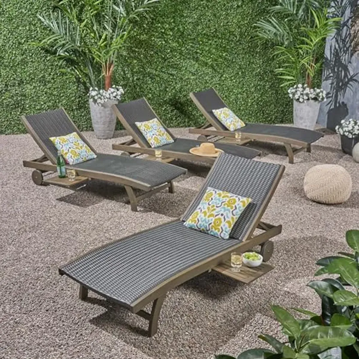 Christopher Knight Home Banzai Outdoor Wicker and Wood Chaise Lounge with Pull-Out Tray, 79.25 "W x 27.5 "D x 11.25 "H, Gray