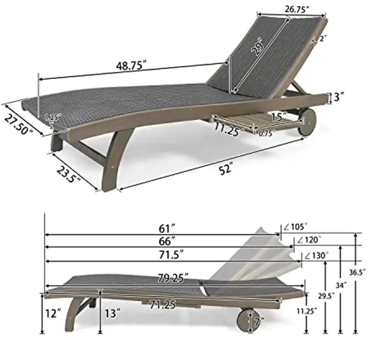 Christopher Knight Home Banzai Outdoor Wicker and Wood Chaise Lounge with Pull-Out Tray, 79.25 "W x 27.5 "D x 11.25 "H, Gray