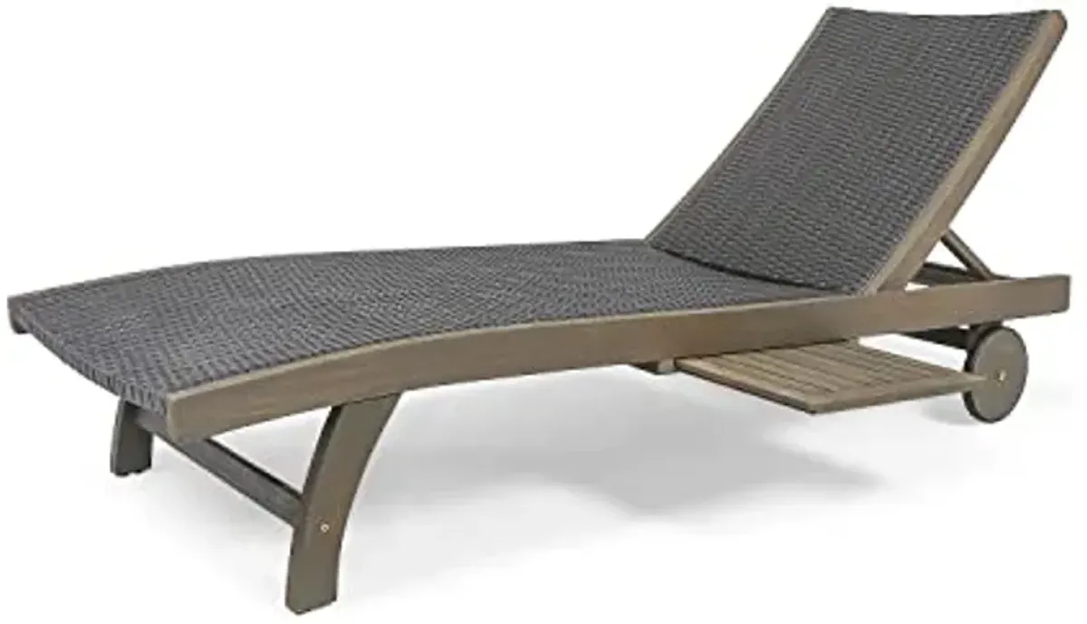 Christopher Knight Home Banzai Outdoor Wicker and Wood Chaise Lounge with Pull-Out Tray, 79.25 "W x 27.5 "D x 11.25 "H, Gray