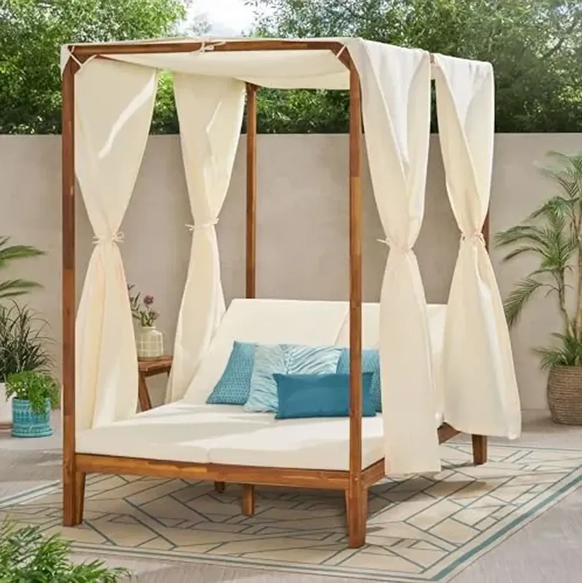 Christopher Knight Home Muntz Outdoor Acacia Wood Daybed Frame Only, Wooden Rectangular Patio Daybed Frame, Double Chaise Lounge Chair Outdoor, Adjustable Backrest Patio Furniture Sofa Set, Teak