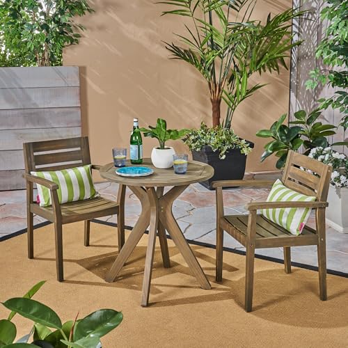 Christopher Knight Home Stamfo Outdoor 3 Piece Acacia Wood Set with Cross Legged Bistro Table, 22.25 "W x 23 "D x 33 "H, Gray