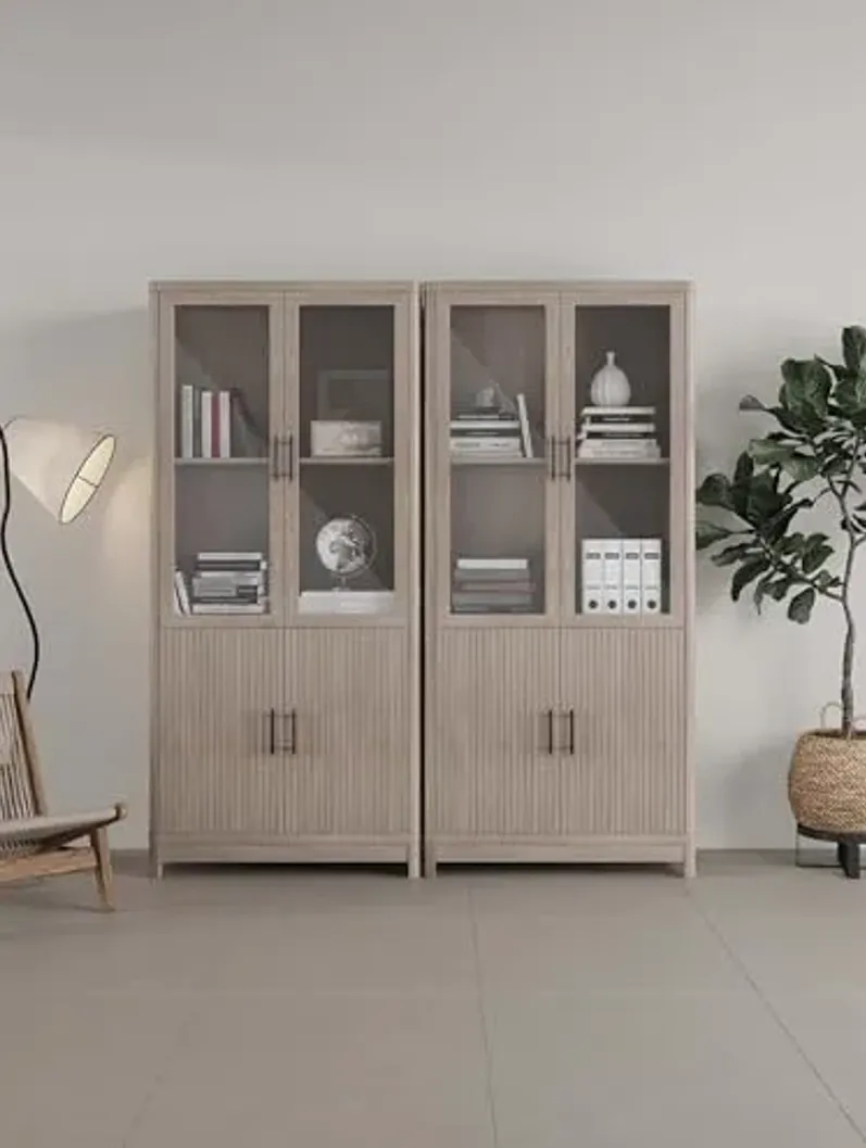 Manhattan Comfort Jodie Bookcase Elegant Bookshelf with 6 Adjustable Shelves, Tempered Glass Doors, Ribbed Wood Accent, Modern Storage Cabinet for Living Room or Home Office Set of 3 in Whitewash Oak