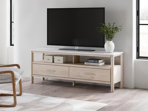 Signature Design by Ashley Cadmori Bohemian 72" TV Stand for TVs up to 82" with Faux Marble Tabletop, Ambient Lights, Drawers and Cubbies, Light Brown & White