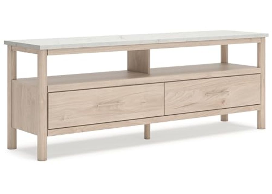 Signature Design by Ashley Cadmori Bohemian 72" TV Stand for TVs up to 82" with Faux Marble Tabletop, Ambient Lights, Drawers and Cubbies, Light Brown & White