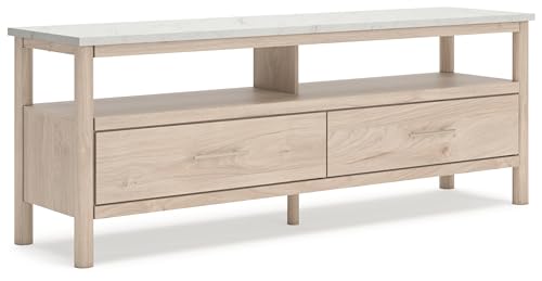 Signature Design by Ashley Cadmori Bohemian 72" TV Stand for TVs up to 82" with Faux Marble Tabletop, Ambient Lights, Drawers and Cubbies, Light Brown & White