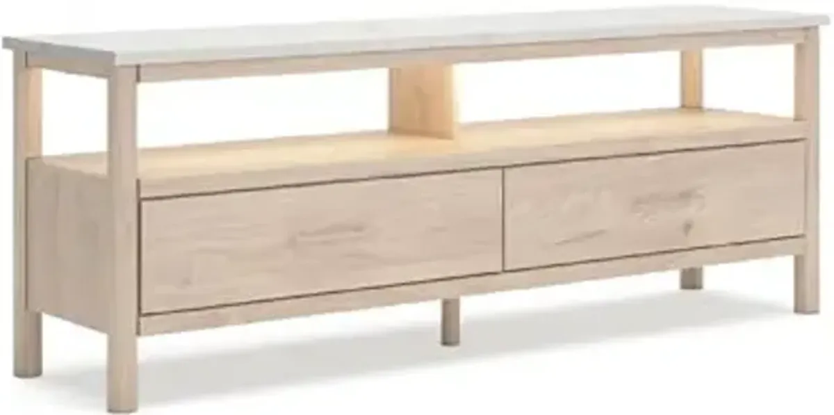 Signature Design by Ashley Cadmori Bohemian 72" TV Stand for TVs up to 82" with Faux Marble Tabletop, Ambient Lights, Drawers and Cubbies, Light Brown & White