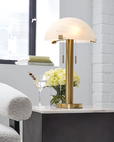 Signature Design by Ashley Tobbinsen Vintage Metal and Glass Table Lamp with Pull Chain Switch and 2 Sockets, Metallic & White