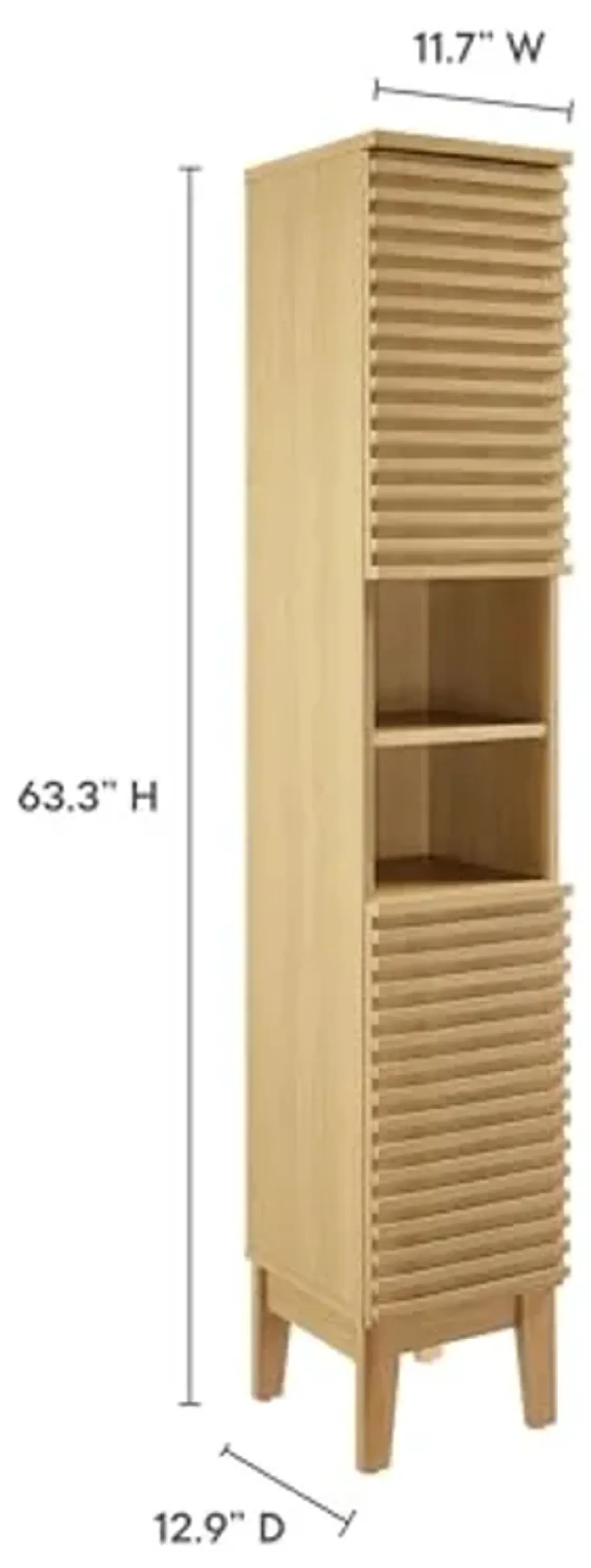 Modway Render Tall Narrow Bathroom Storage Tower in Oak - 63” Freestanding Linen Cabinet with Open Shelves and 2 Soft-Close Doors - Slim Towel and Makeup Organizer