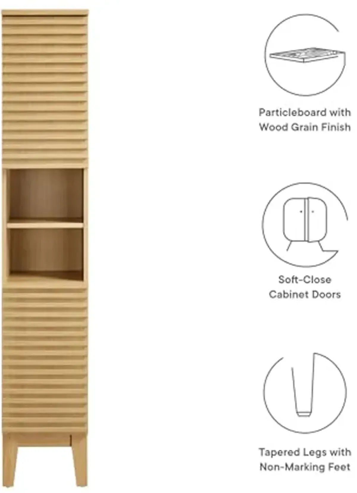 Modway Render Tall Narrow Bathroom Storage Tower in Oak - 63” Freestanding Linen Cabinet with Open Shelves and 2 Soft-Close Doors - Slim Towel and Makeup Organizer