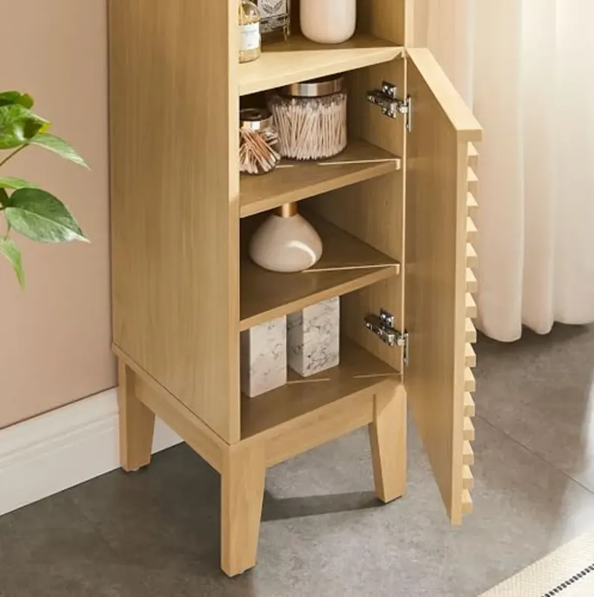 Modway Render Tall Narrow Bathroom Storage Tower in Oak - 63” Freestanding Linen Cabinet with Open Shelves and 2 Soft-Close Doors - Slim Towel and Makeup Organizer