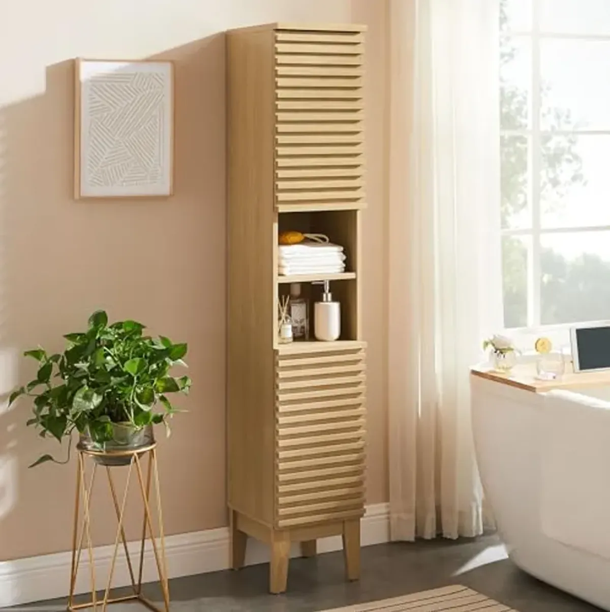 Modway Render Tall Narrow Bathroom Storage Tower in Oak - 63” Freestanding Linen Cabinet with Open Shelves and 2 Soft-Close Doors - Slim Towel and Makeup Organizer