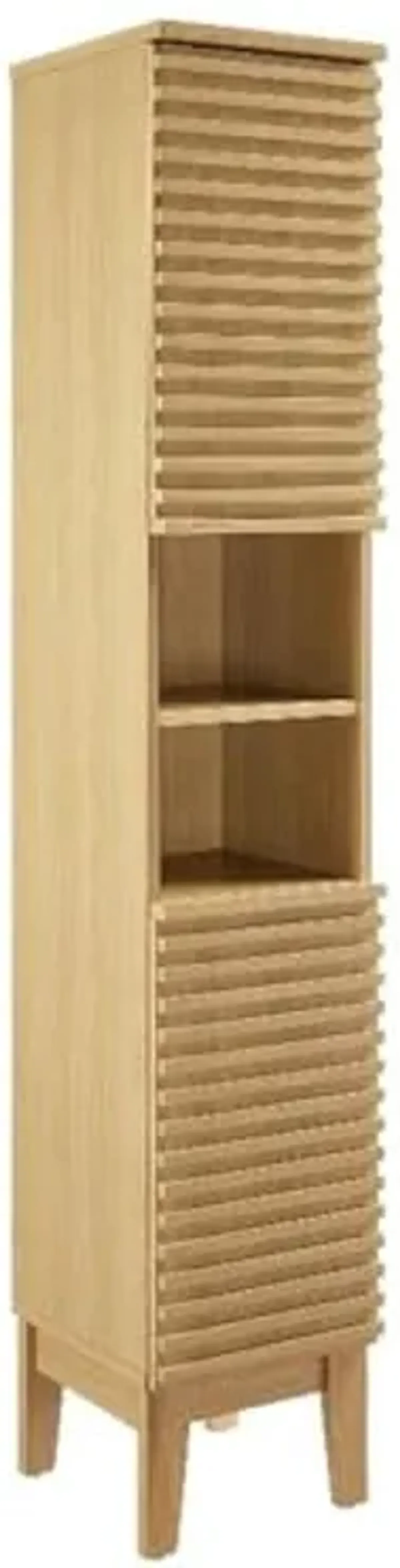 Modway Render Tall Narrow Bathroom Storage Tower in Oak - 63” Freestanding Linen Cabinet with Open Shelves and 2 Soft-Close Doors - Slim Towel and Makeup Organizer