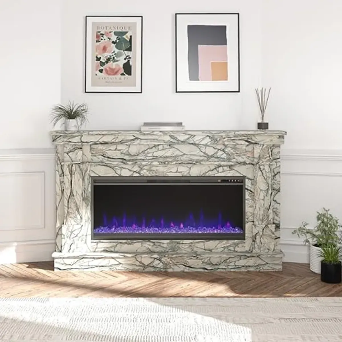 Novogratz Waverly Wide Mantel with Linear Electric Fireplace & Crystal Ember Bed, Onyx Marble