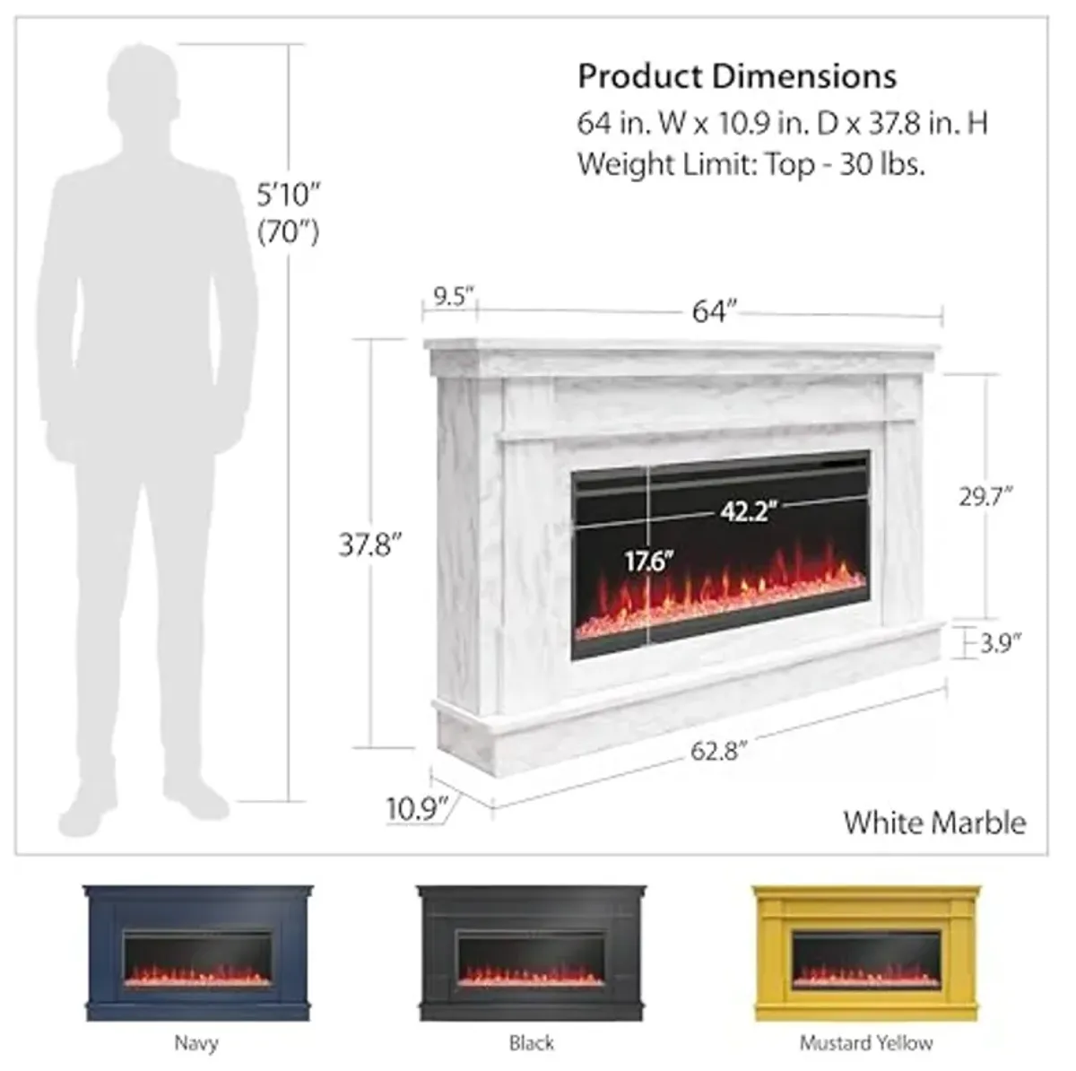 Novogratz Waverly Wide Mantel with Linear Electric Fireplace & Crystal Ember Bed, Onyx Marble