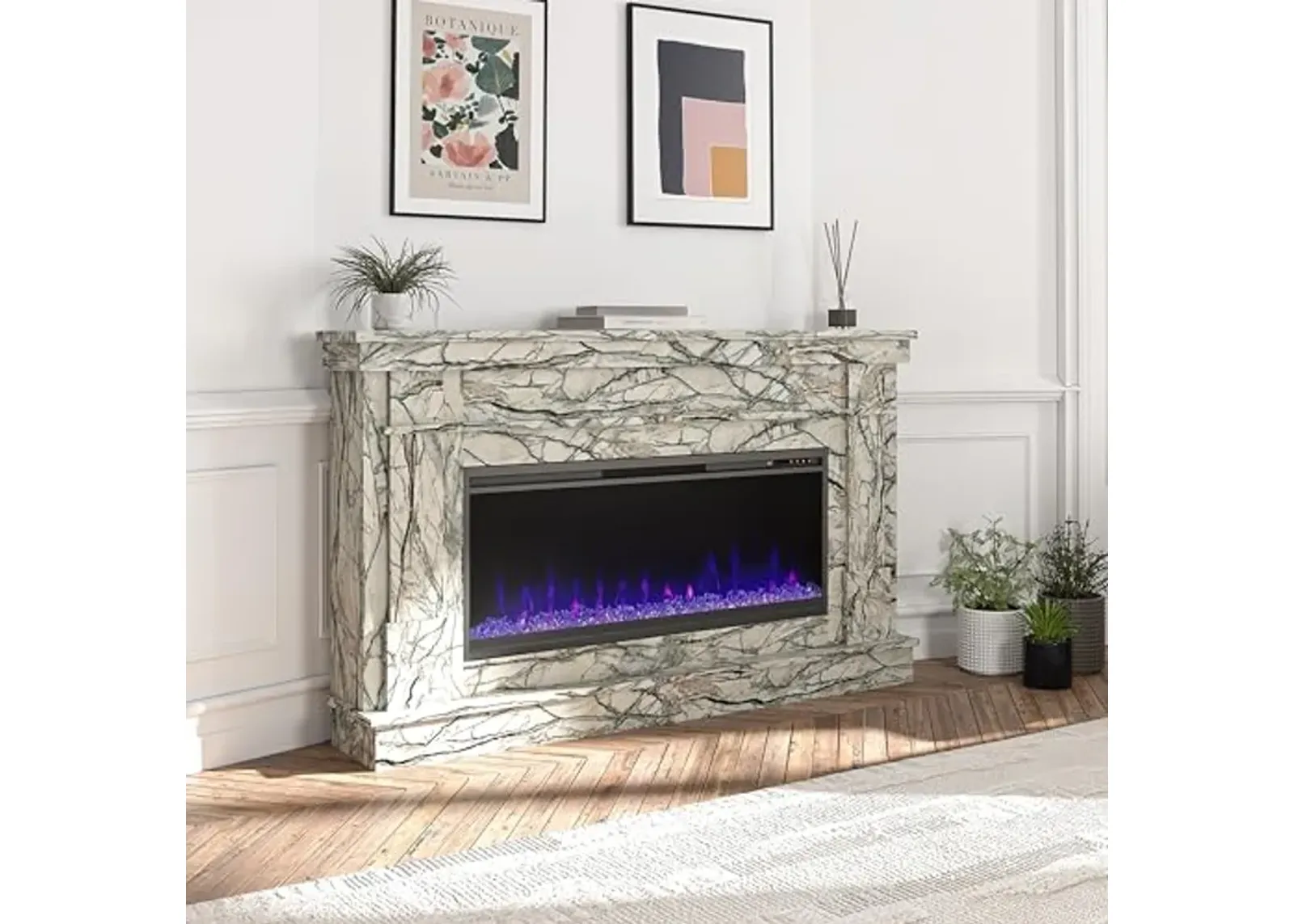 Novogratz Waverly Wide Mantel with Linear Electric Fireplace & Crystal Ember Bed, Onyx Marble