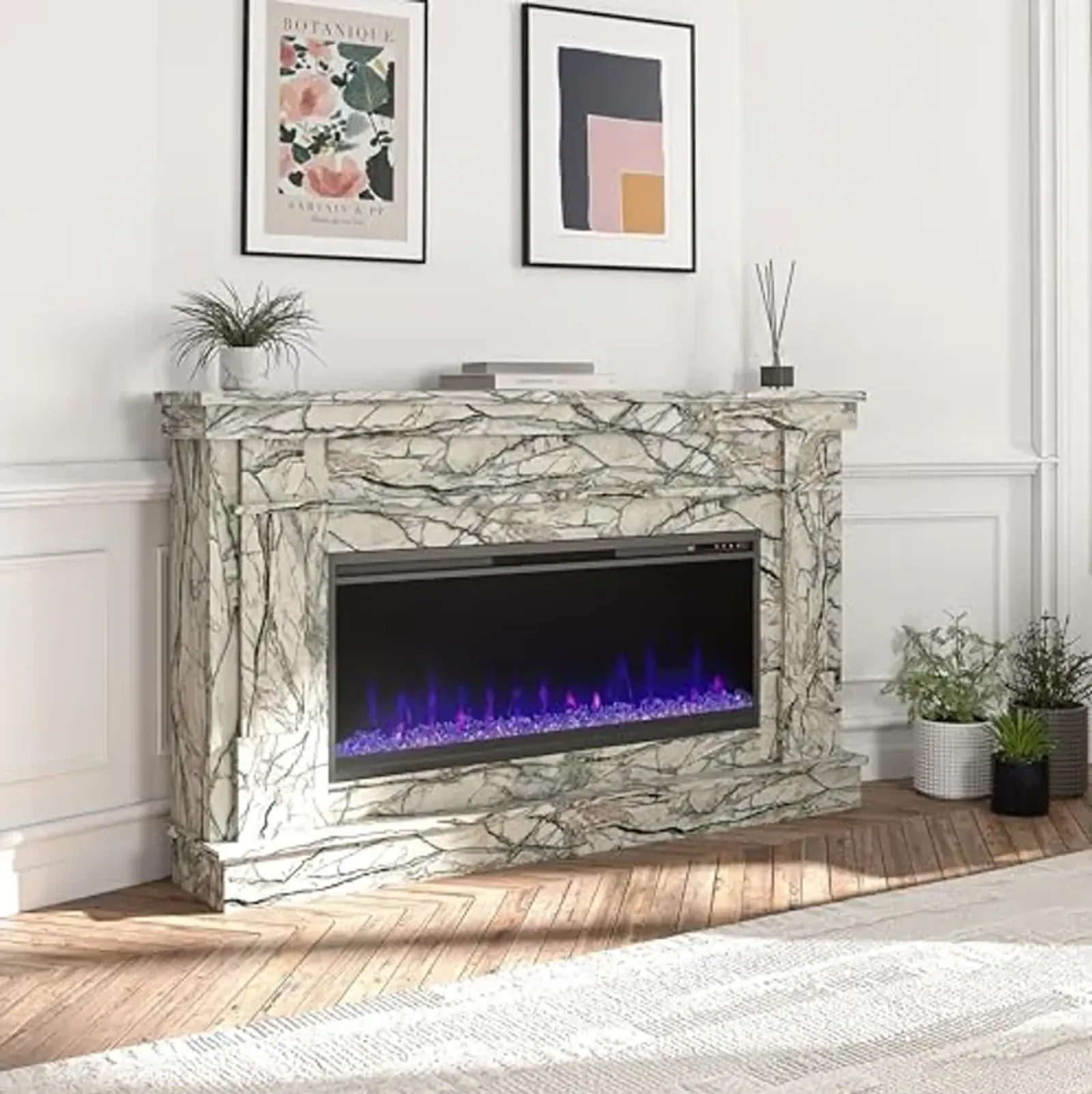 Novogratz Waverly Wide Mantel with Linear Electric Fireplace & Crystal Ember Bed, Onyx Marble