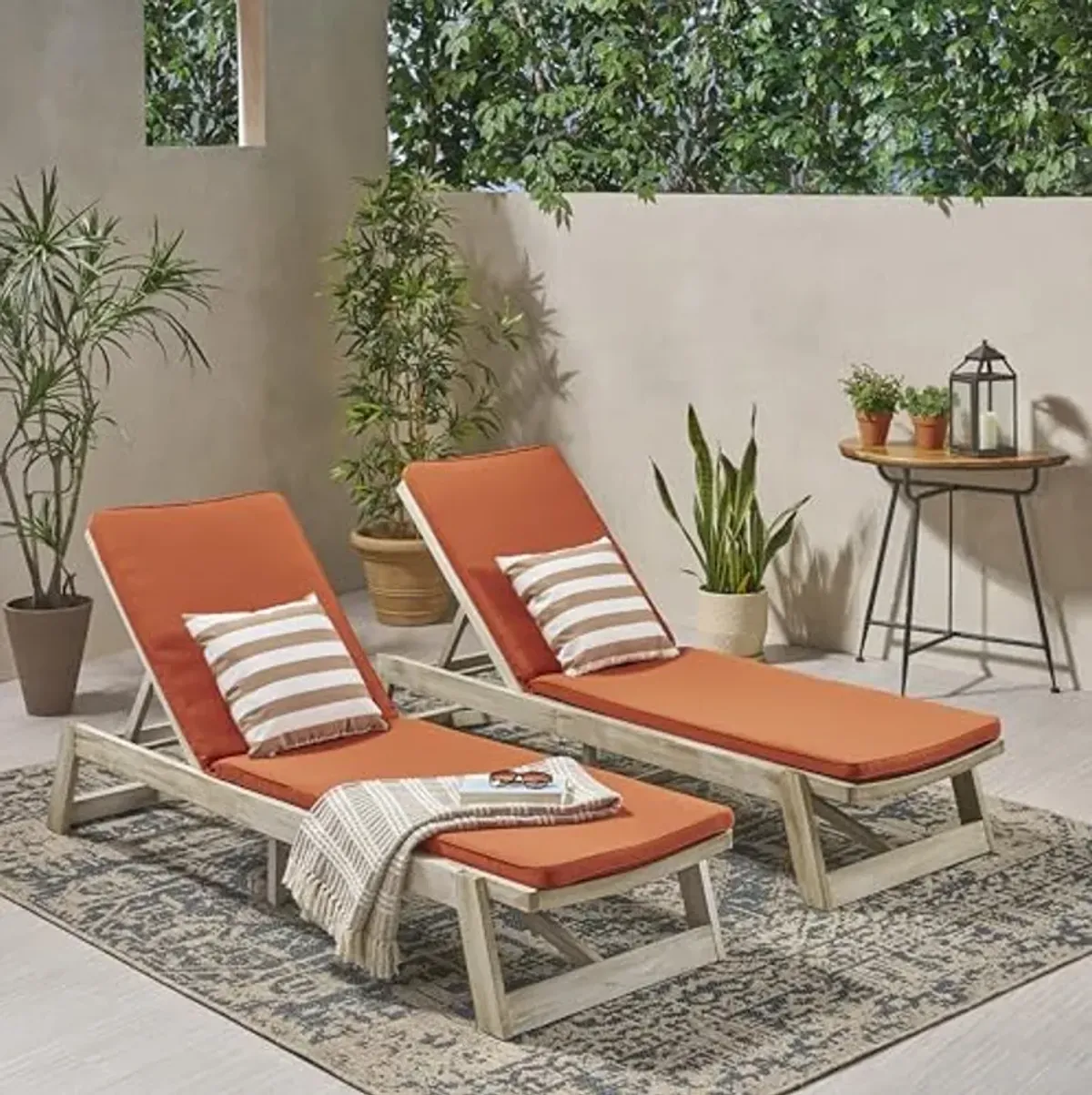 Christopher Knight Home Maki Outdoor Acacia Wood Chaise Lounge with Cushion (Set of 2), Light Gray and Rust Orange