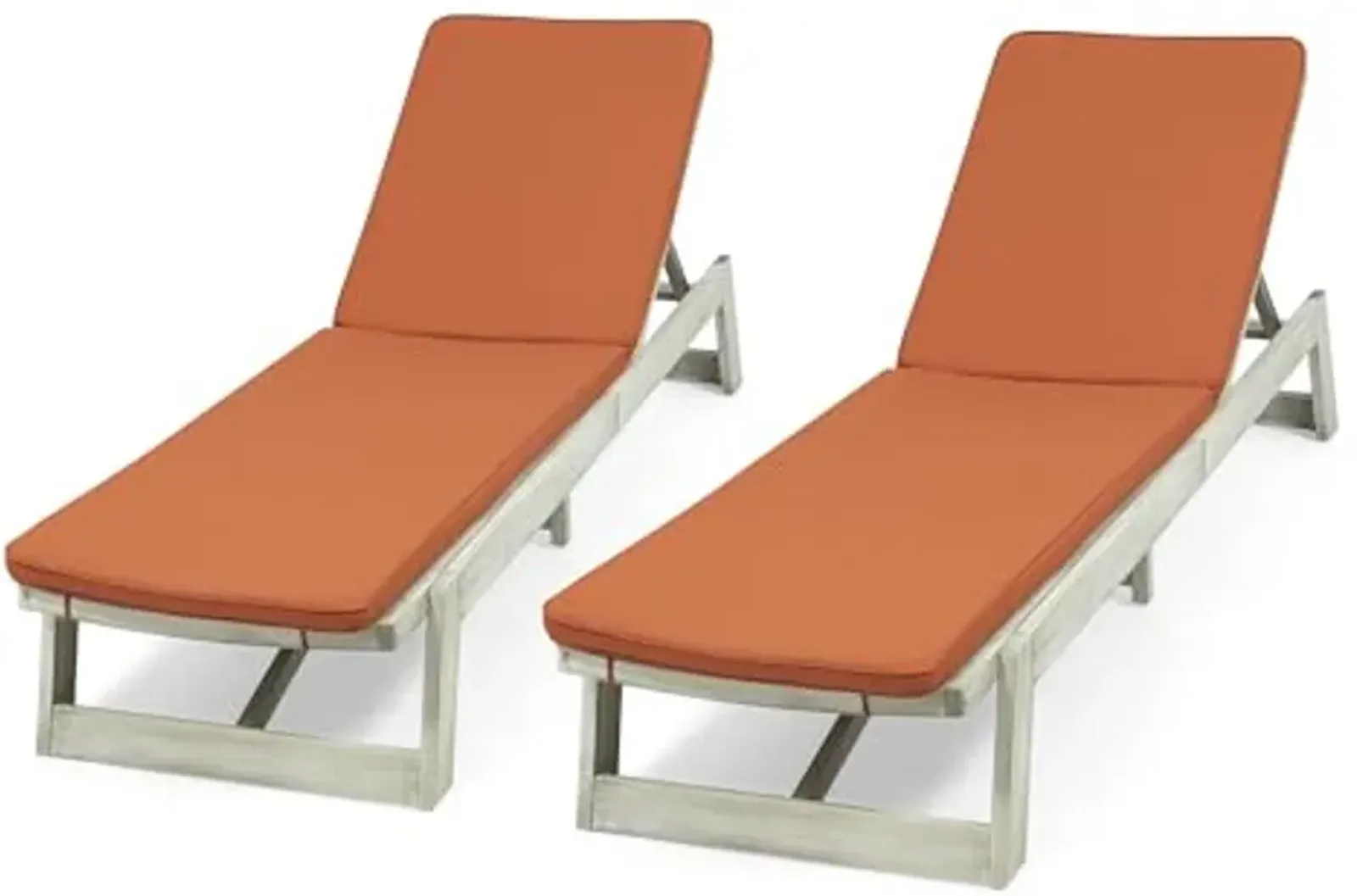 Christopher Knight Home Maki Outdoor Acacia Wood Chaise Lounge with Cushion (Set of 2), Light Gray and Rust Orange