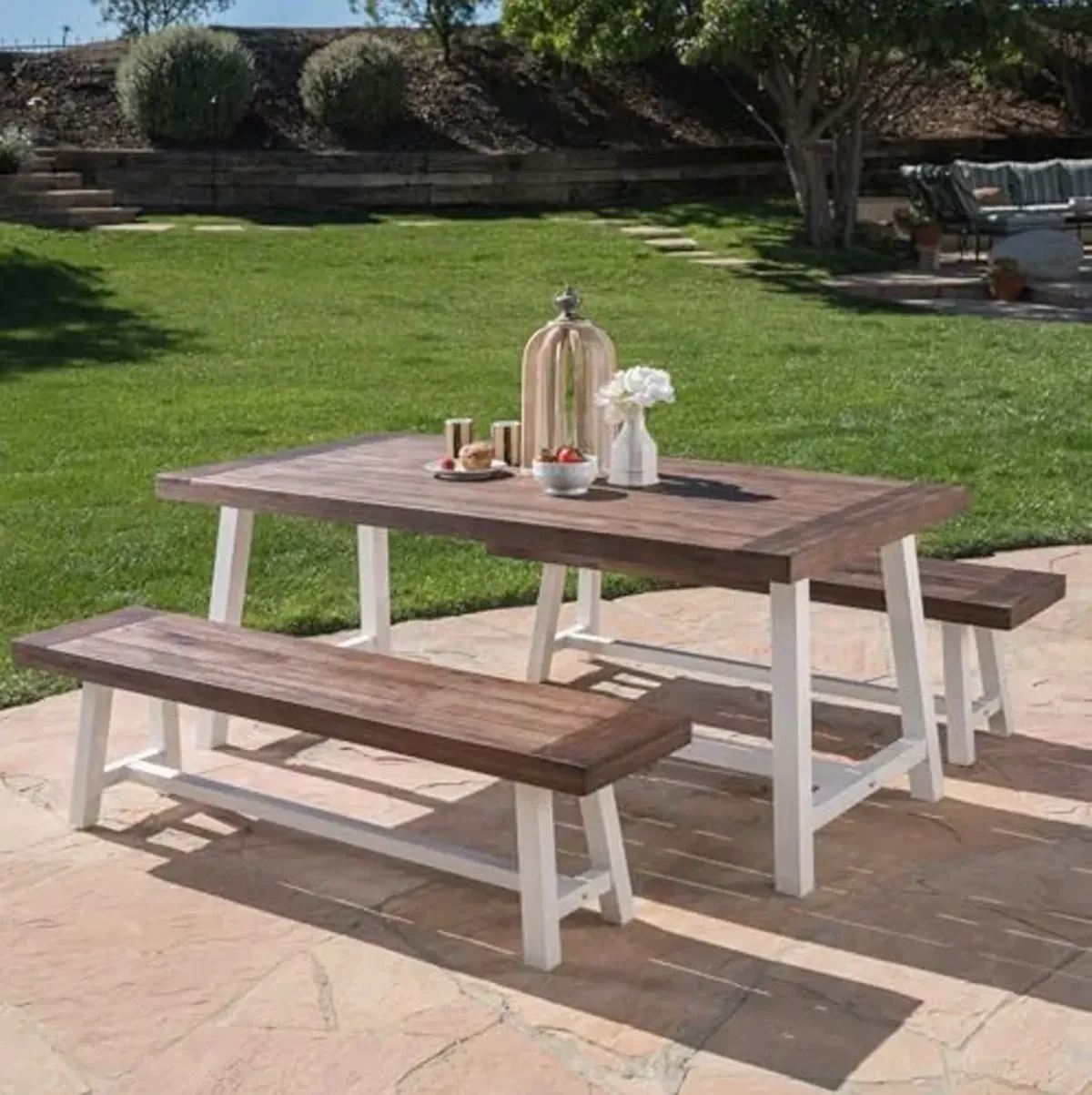 Christopher Knight Home Jubilee Modern Industrial 3 Piece Acacia Wood Picnic Dining Set with Benches, Sandblasted Dark Brown and White Rustic Metal