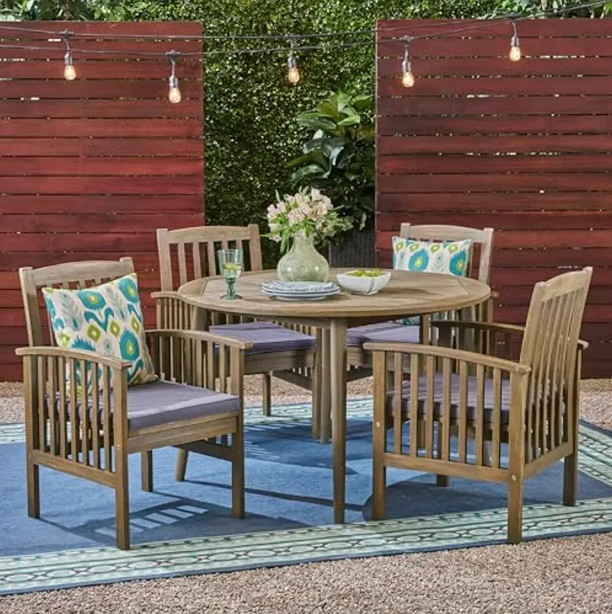 Christopher Knight Home Casa Outdoor Acacia Wood 5 Piece Dining Set with Round Table and Water Resistant Cushion, Gray Finish and Dark Gray