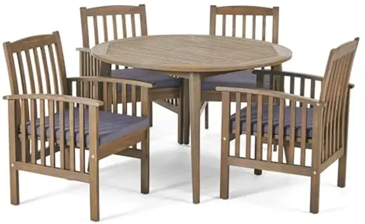 Christopher Knight Home Casa Outdoor Acacia Wood 5 Piece Dining Set with Round Table and Water Resistant Cushion, Gray Finish and Dark Gray