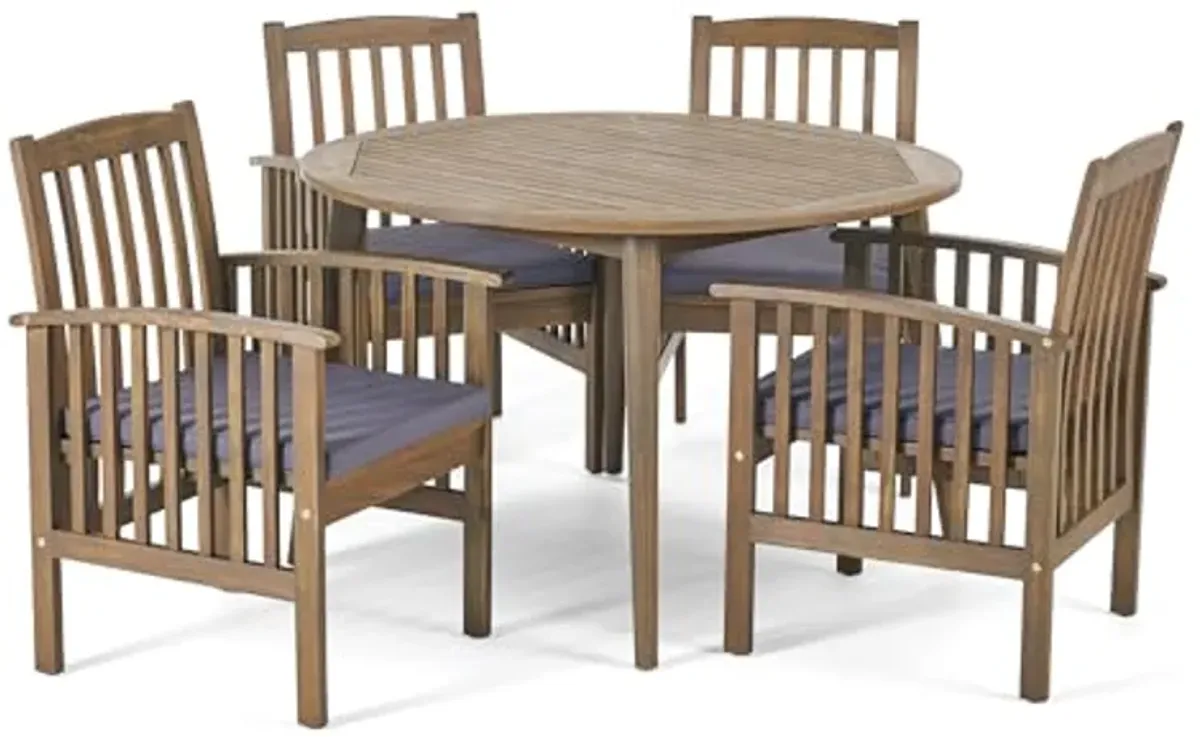 Christopher Knight Home Casa Outdoor Acacia Wood 5 Piece Dining Set with Round Table and Water Resistant Cushion, Gray Finish and Dark Gray