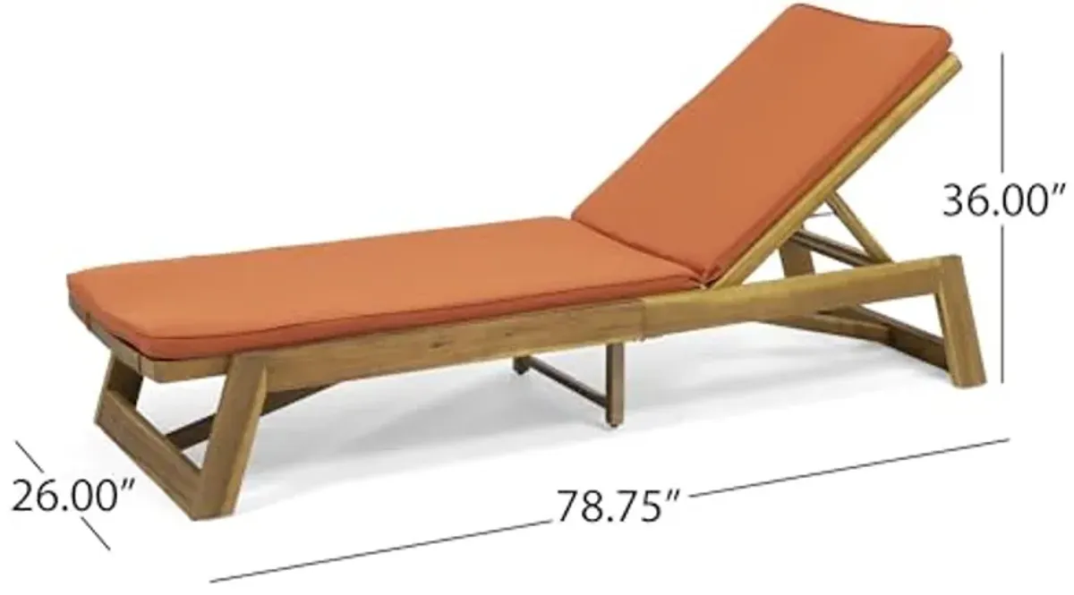 Christopher Knight Home Maki Outdoor Acacia Wood Adjustable Chaise Lounge and Cushion Sets (Set of 2), 78.75 "W x 23.75 "D x 1.5 "H, Teak + Yellow + Rust Orange