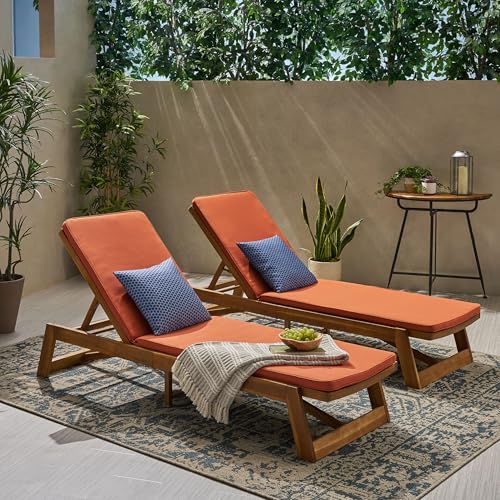 Christopher Knight Home Maki Outdoor Acacia Wood Adjustable Chaise Lounge and Cushion Sets (Set of 2), 78.75 "W x 23.75 "D x 1.5 "H, Teak + Yellow + Rust Orange