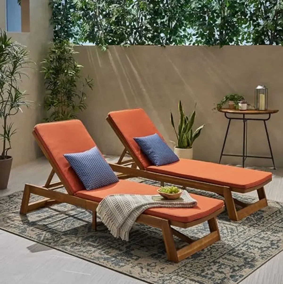 Christopher Knight Home Maki Outdoor Acacia Wood Adjustable Chaise Lounge and Cushion Sets (Set of 2), 78.75 "W x 23.75 "D x 1.5 "H, Teak + Yellow + Rust Orange