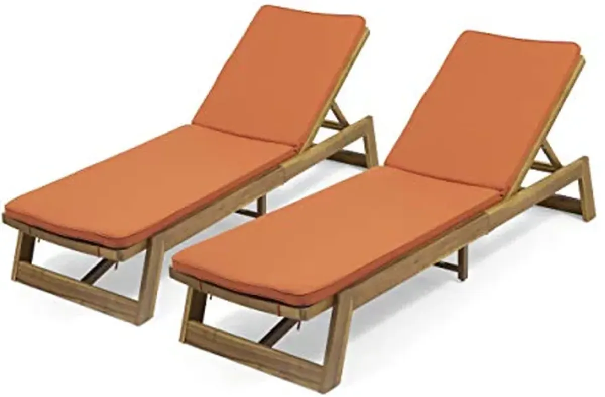 Christopher Knight Home Maki Outdoor Acacia Wood Adjustable Chaise Lounge and Cushion Sets (Set of 2), 78.75 "W x 23.75 "D x 1.5 "H, Teak + Yellow + Rust Orange