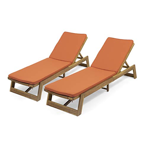 Christopher Knight Home Maki Outdoor Acacia Wood Adjustable Chaise Lounge and Cushion Sets (Set of 2), 78.75 "W x 23.75 "D x 1.5 "H, Teak + Yellow + Rust Orange