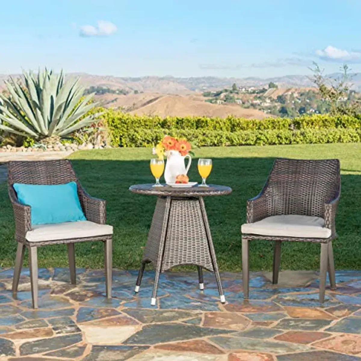 Christopher Knight Home Hillhurst Outdoor 3 Piece Wicker Bistro Set with Water Resistant Cushions and Metal Frame, 25.75 "W x 25.75 "D x 28.35 "H, Multibrown + Light Brown