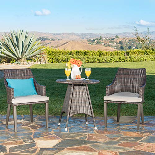 Christopher Knight Home Hillhurst Outdoor 3 Piece Wicker Bistro Set with Water Resistant Cushions and Metal Frame, 25.75 "W x 25.75 "D x 28.35 "H, Multibrown + Light Brown