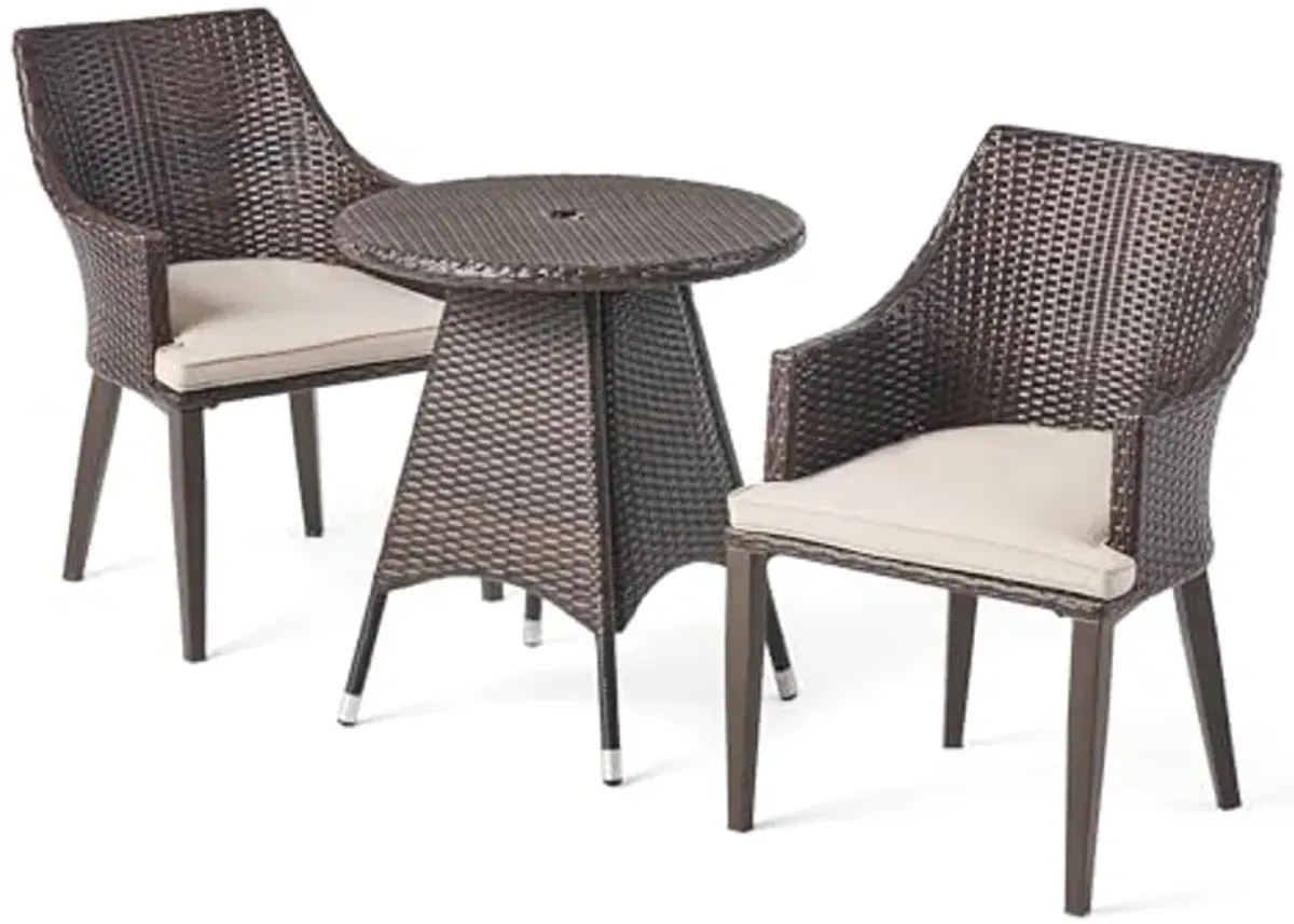 Christopher Knight Home Hillhurst Outdoor 3 Piece Wicker Bistro Set with Water Resistant Cushions and Metal Frame, 25.75 "W x 25.75 "D x 28.35 "H, Multibrown + Light Brown