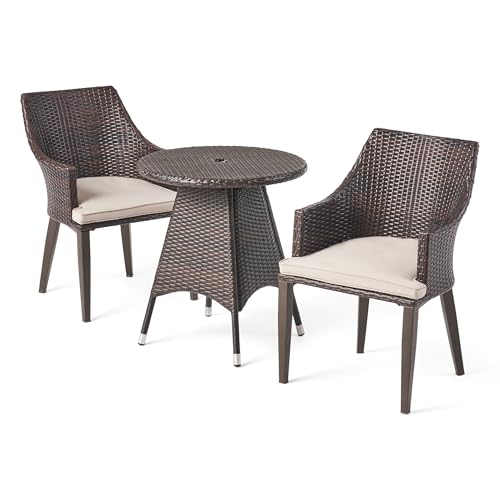 Christopher Knight Home Hillhurst Outdoor 3 Piece Wicker Bistro Set with Water Resistant Cushions and Metal Frame, 25.75 "W x 25.75 "D x 28.35 "H, Multibrown + Light Brown