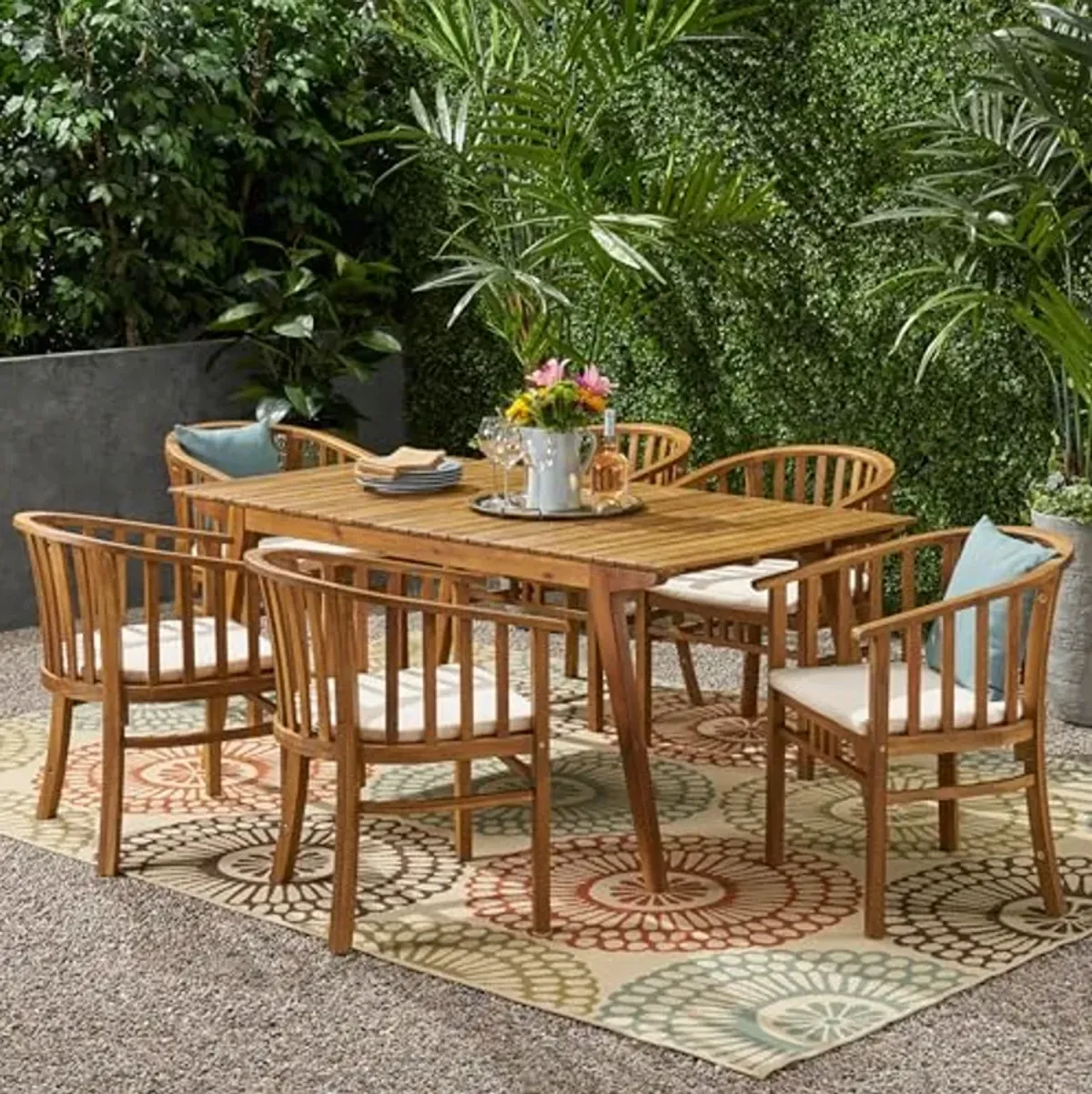 Christopher Knight Home Alondra Outdoor 6 Seater Acacia Wood Dining Set with Water Resistant Cushion, 23.75 "W x 24.5 "D x 31.5 "H, Teak + Cream