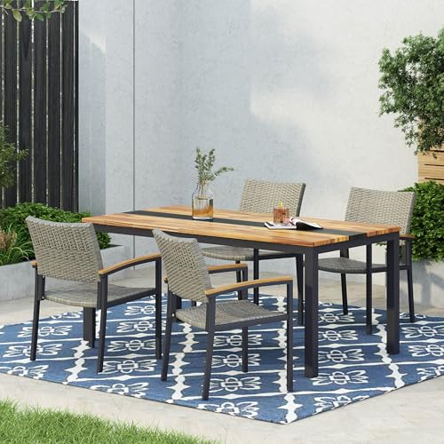 Christopher Knight Home Luton Outdoor Aluminum Dining Chairs Wood Accents and Faux Rattan Seats (Set of 4), 22.25 "W x 24.5 "D x 33.5 "H, Gray + Natural Brown