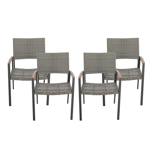 Christopher Knight Home Luton Outdoor Aluminum Dining Chairs Wood Accents and Faux Rattan Seats (Set of 4), 22.25 "W x 24.5 "D x 33.5 "H, Gray + Natural Brown