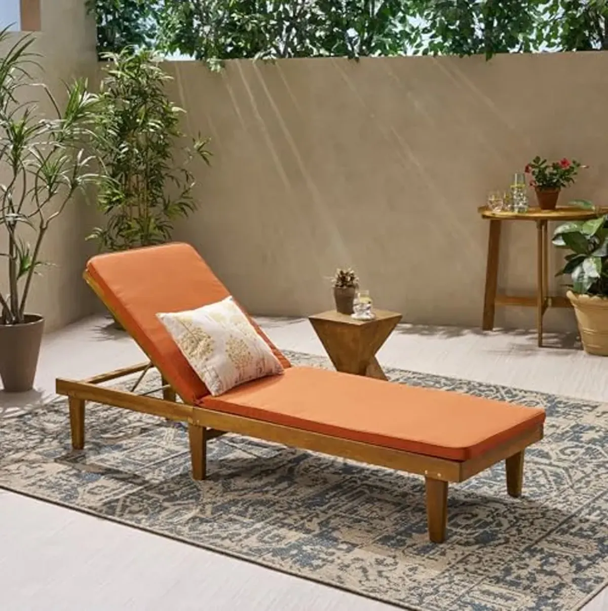 Christopher Knight Home Nadine Outdoor Acacia Wood Chaise Lounge and Cushion Set, Teak and Rust Orange