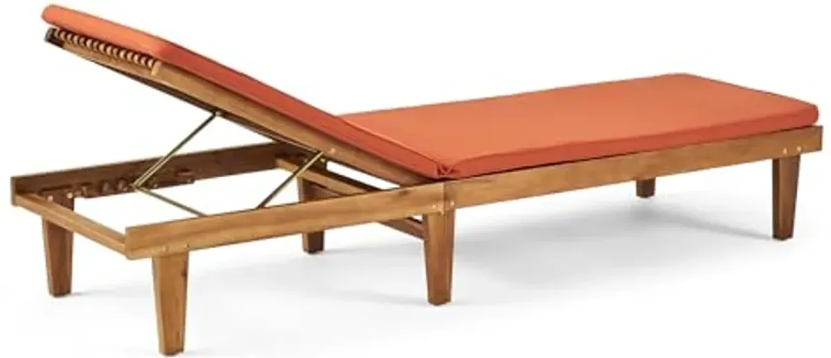 Christopher Knight Home Nadine Outdoor Acacia Wood Chaise Lounge and Cushion Set, Teak and Rust Orange