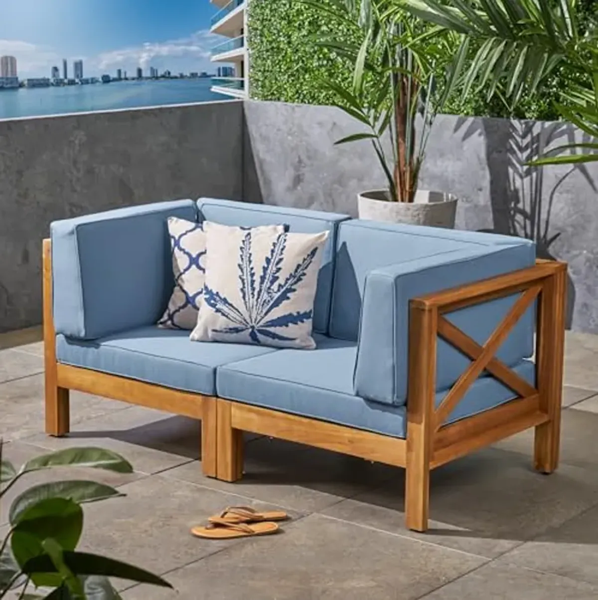 Christopher Knight Home Brava Outdoor Modular Acacia Wood Loveseat with Cushions, Teak and Blue