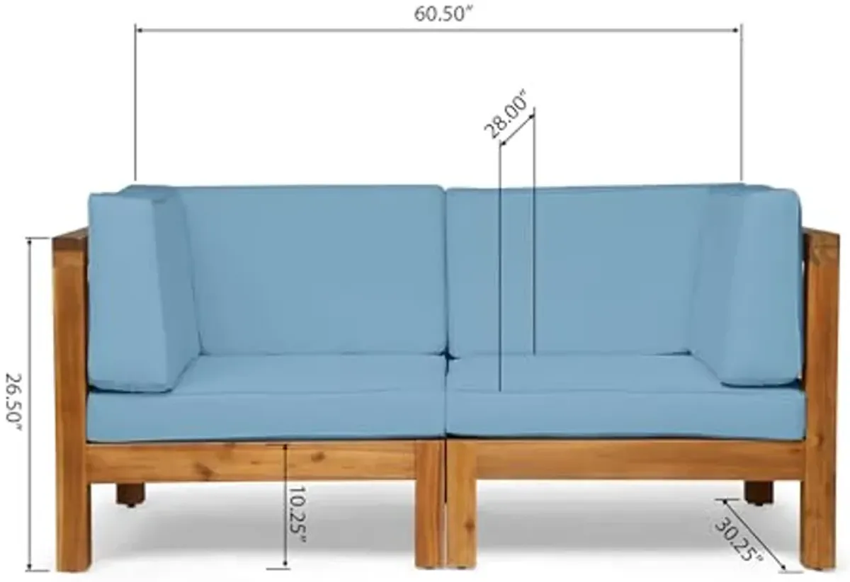 Christopher Knight Home Brava Outdoor Modular Acacia Wood Loveseat with Cushions, Teak and Blue