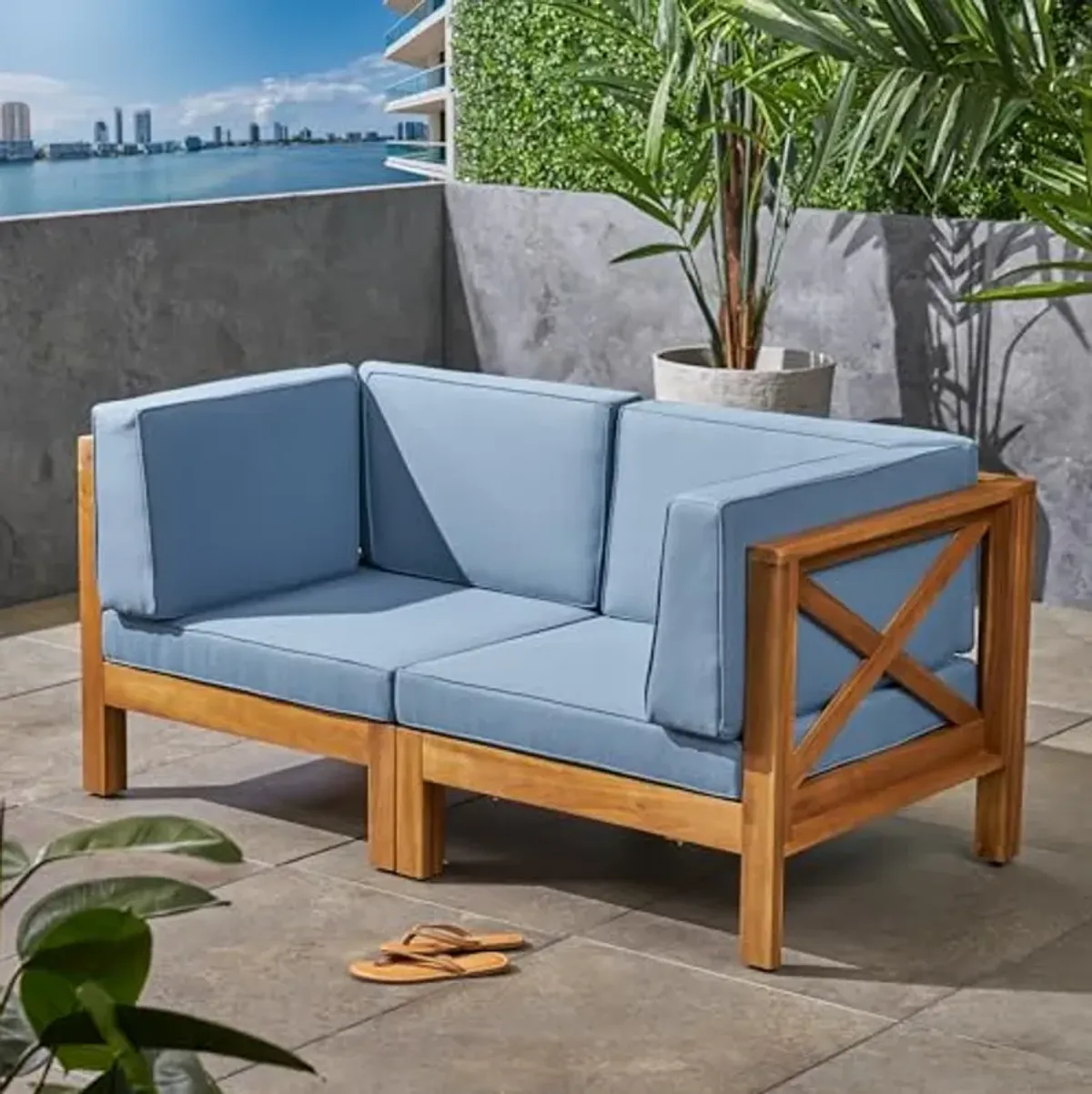 Christopher Knight Home Brava Outdoor Modular Acacia Wood Loveseat with Cushions, Teak and Blue